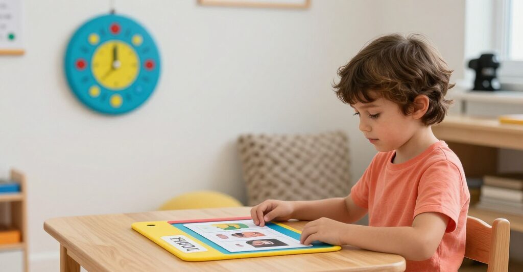 Enfant avec TDAH concentré devant son tableau de planification visuelle avec pictogrammes et Time Timer mural dans un espace Montessori calme avec coussins sensoriels