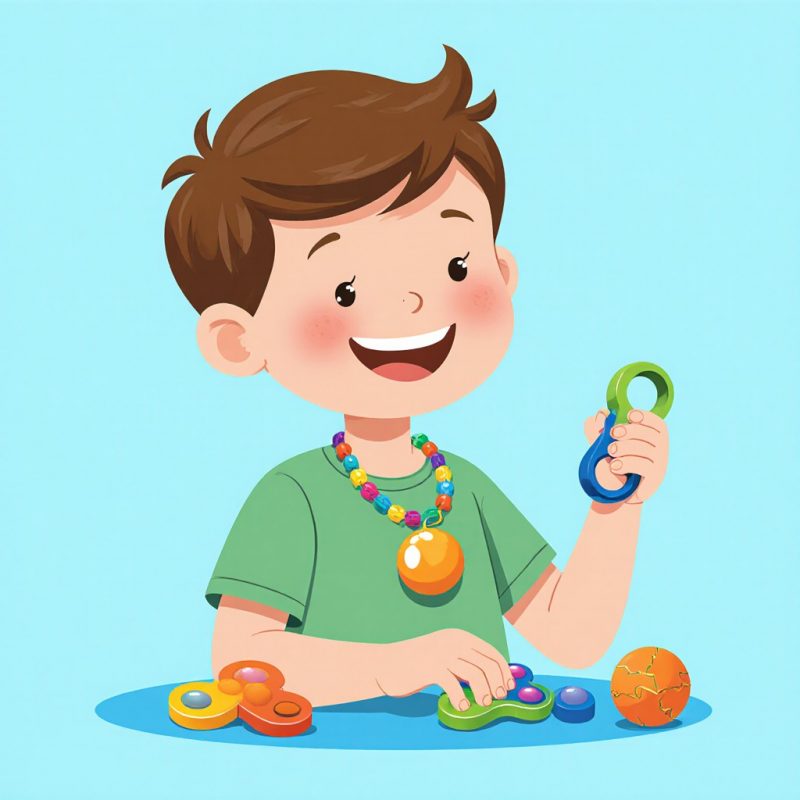 Enfant de 8 ans souriant manipulant des outils sensoriels colorés (balles anti-stress, colliers à mâcher) sur une table, illustration moderne représentant l'accompagnement positif du trouble du spectre autistique