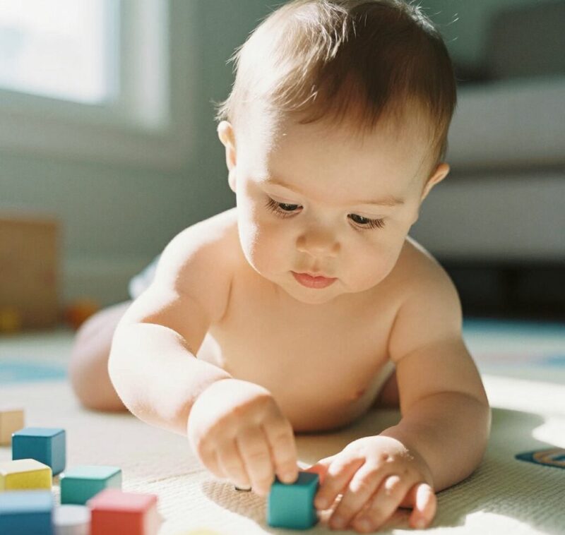 Bébé 12-18 mois développant sa motricité fine en manipulant des blocs colorés avec pince pouce-index, activité d'éveil à la maison pour apprentissage autonomie et coordination œil-main