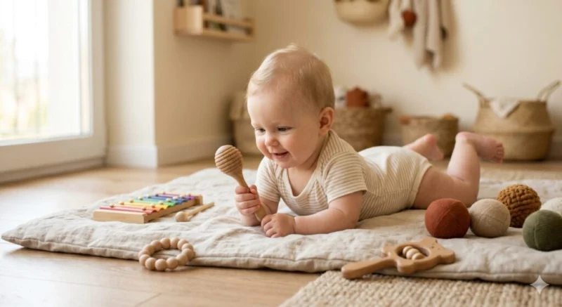 Un bébé de 6 mois allongé sur un tapis d'éveil en lin beige, tenant une maraca en bois et entouré de jouets sensoriels naturels comme un petit xylophone et des balles de préhension en tissu aux tons terreux, dans une chambre lumineuse.