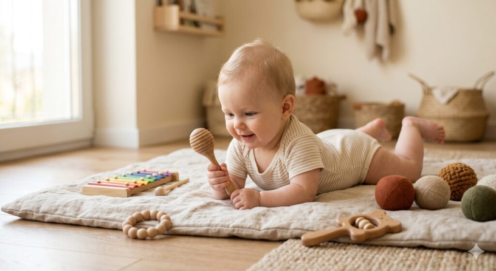 Un bébé de 6 mois allongé sur un tapis d'éveil en lin beige, tenant une maraca en bois et entouré de jouets sensoriels naturels comme un petit xylophone et des balles de préhension en tissu aux tons terreux, dans une chambre lumineuse.