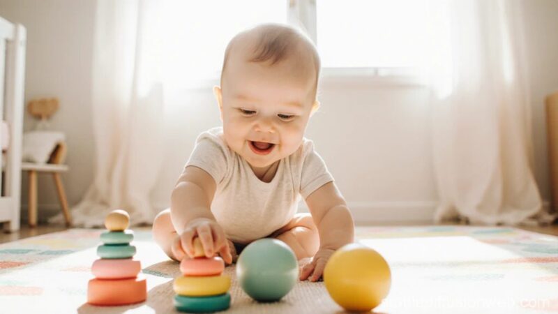 Bébé de 12 mois explorant des jouets sensoriels colorés sur tapis d'éveil, activités adaptées à tous les profils sensoriels dans environnement lumineux et chaleureux