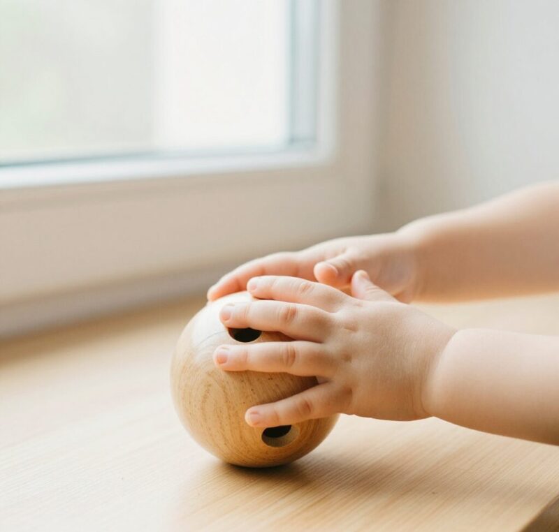 Mains d'enfant découvrant avec curiosité une balle sensorielle Montessori en bois naturel, illustrant le moment de connexion où l'enfant TSA TDAH trouve enfin du matériel pédagogique adapté à son profil sensoriel unique