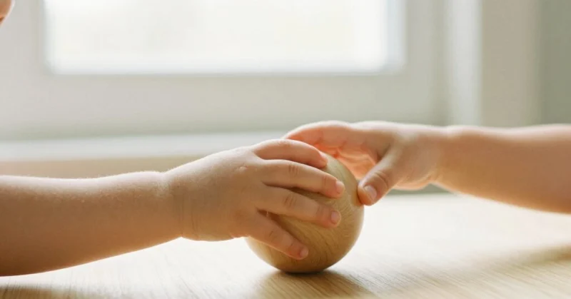 Mains d'enfant découvrant avec curiosité une balle sensorielle Montessori en bois naturel, illustrant le moment de connexion où l'enfant TSA TDAH trouve enfin du matériel pédagogique adapté à son profil sensoriel unique