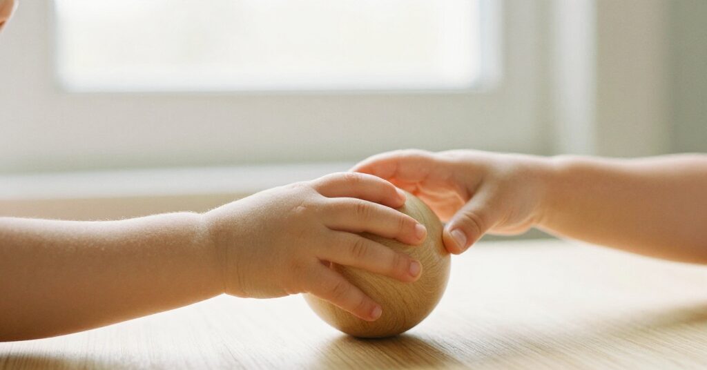 Deux mains tenant une balle en bois sur une table