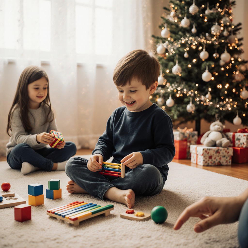 Deux enfants jouent avec des jouets colorés posés devant un sapin de Noël