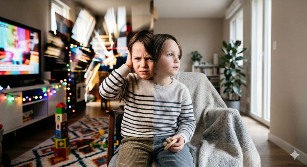 Photographie documentaire montrant un enfant de 7 ans divisé verticalement par deux expériences sensorielles opposées. À gauche, le côté hypersensible : l'enfant se bouche l'oreille face à des lumières vives, des couleurs criardes et un flou de mouvement chaotique. À droite, le côté hyposensible : l'enfant semble distant et déconnecté dans un environnement aux tons neutres, doux et sous-stimulés. Le contraste souligne la complexité des troubles du traitement sensoriel dans un cadre domestique réaliste.