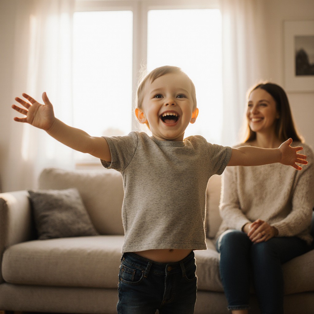 Enfant tournant sur lui-même (spinning) dans salon avec maman observant de manière bienveillante - comportements répétitifs naturels