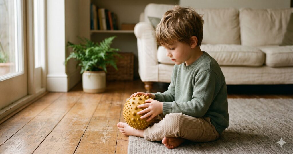 Enfant explorant calmement une balle sensorielle à picots, outil adapté aux enfants autistes et TDAH — guide LeoBelo