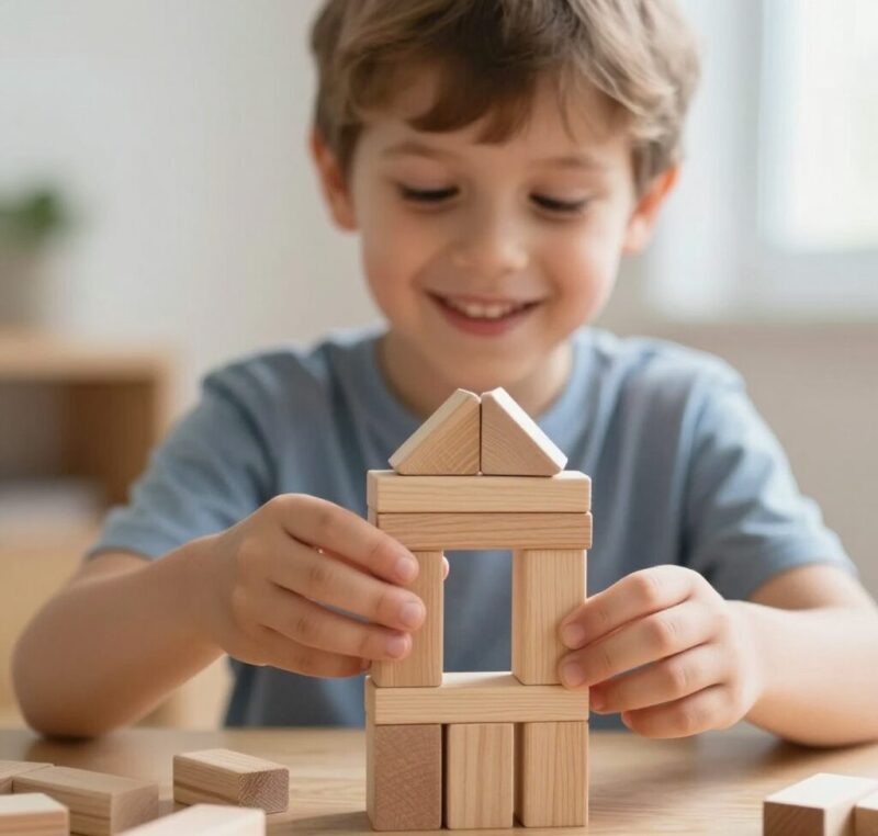 Enfant TSA concentré jouant avec blocs construction Montessori bois, développant motricité fine et autonomie