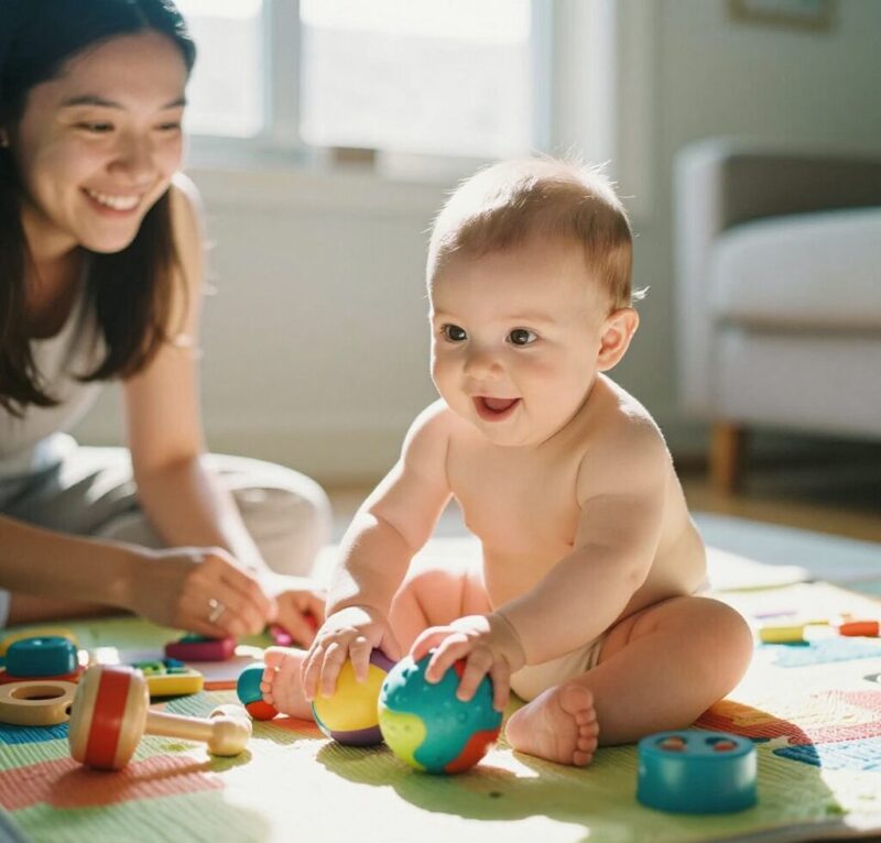 Bébé 6 mois jouant avec jouets éveil sensoriels colorés sur tapis Montessori, maman bienveillante supervisant, développement motricité fine coordination œil-main