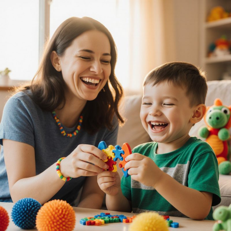 Maman réconfortant enfant autiste anxieux - accompagnement bienveillant TSA avec outils sensoriels - Guide LeoBelo 2025