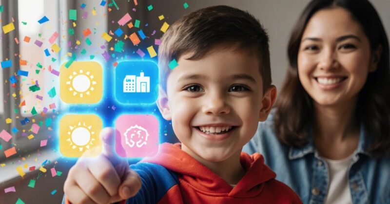 Enfant TDAH heureux suivant sa routine matinale avec pictogrammes colorés - succès grâce aux supports visuels structurés