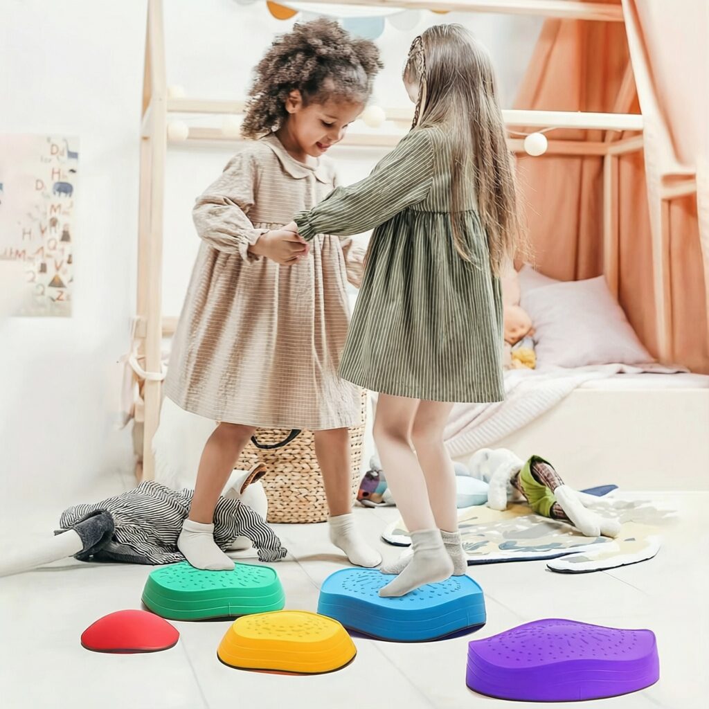 Deux enfants marchant sur des pierres d'équilibre multicolores en intérieur