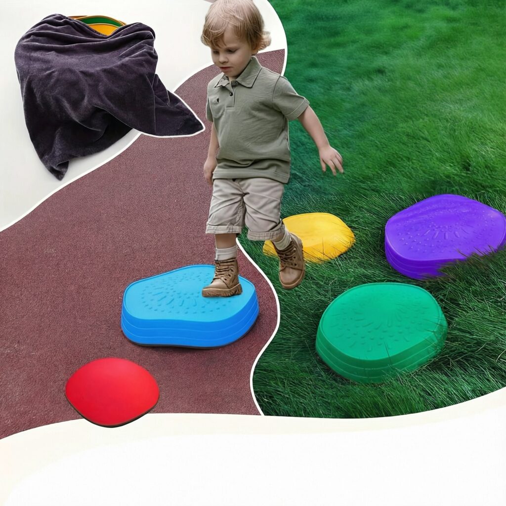 Enfant utilisant des pierres d'équilibre en extérieur - parcours de motricité jardin