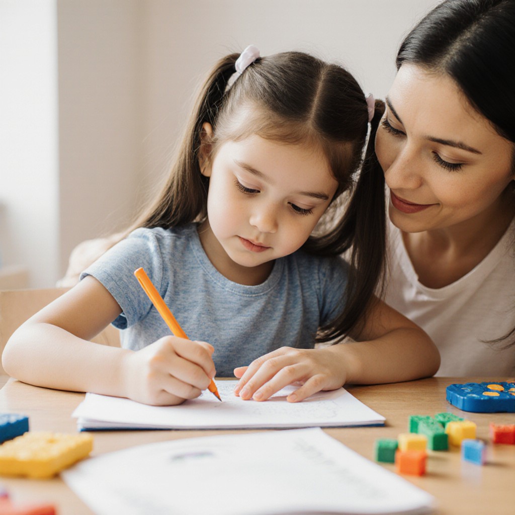 Maman aidant sa fille dyspraxique de 6 ans à écrire avec des outils sensoriels adaptés - accompagnement bienveillant dyspraxie enfant