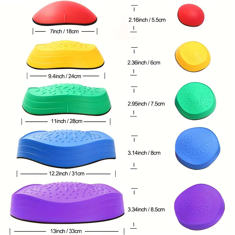Fiche dimensions des 5 pierres d'équilibre multicolores - hauteurs progressives