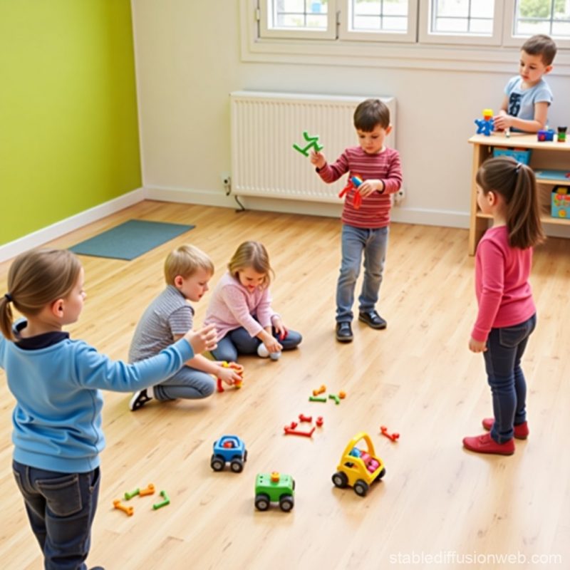 Plusieurs enfants jouant avec des jeux de motricité, développant leur motricité globale et leur équilibre