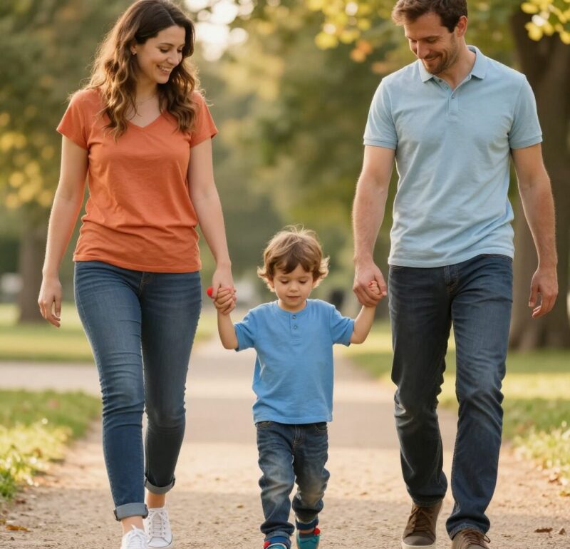 Parents et enfant autiste marchent main dans la main dans un parc calme au coucher du soleil