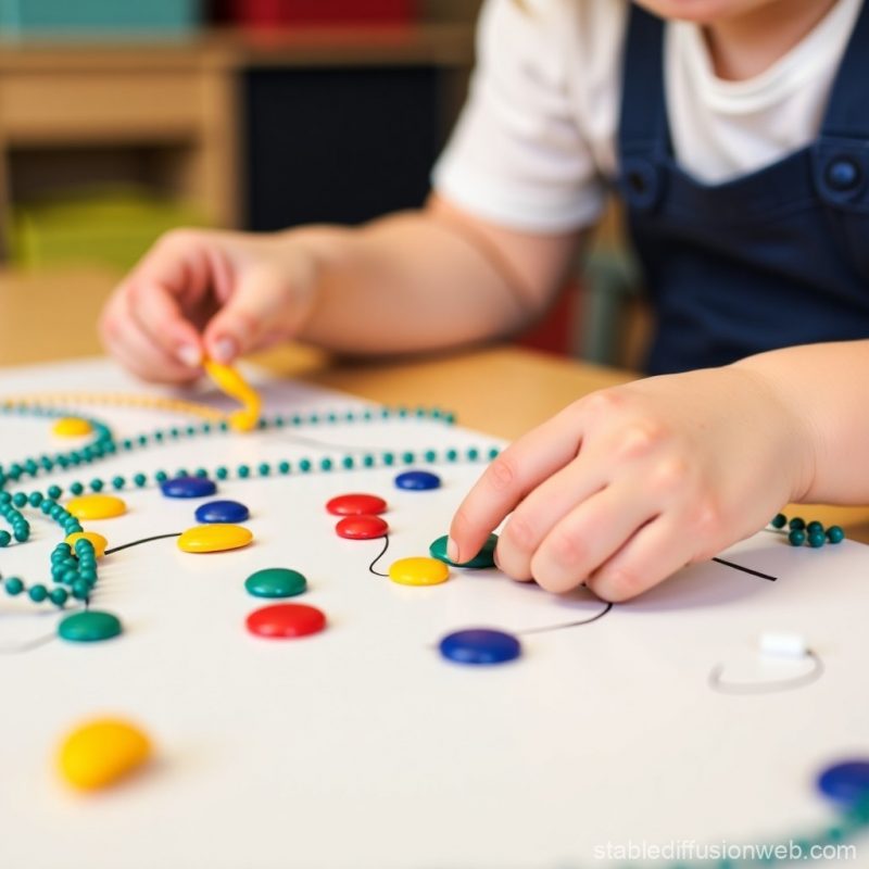 Enfant engagé dans une séance d'ergothérapie, manipulant des perles colorées sur une planche d'activités pour renforcer sa motricité fine.