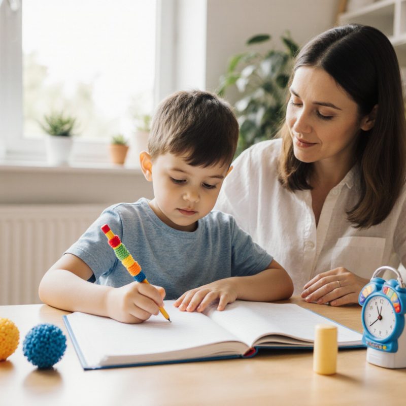 Mère accompagnant avec bienveillance son enfant dans ses devoirs, avec des outils sensoriels et pédagogiques adaptés aux troubles de l'apprentissage visibles sur le bureau dans une atmosphère chaleureuse et encourageante
