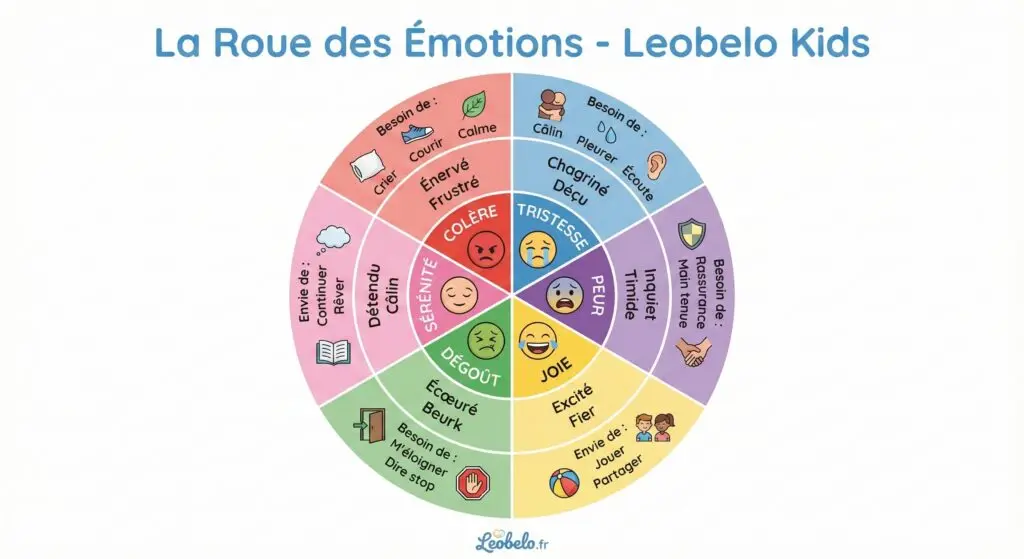 Roue des émotions Leobelo pour enfant TSA : outil visuel avec 6 émotions (joie, colère, tristesse, peur, dégoût, surprise) et actions adaptées