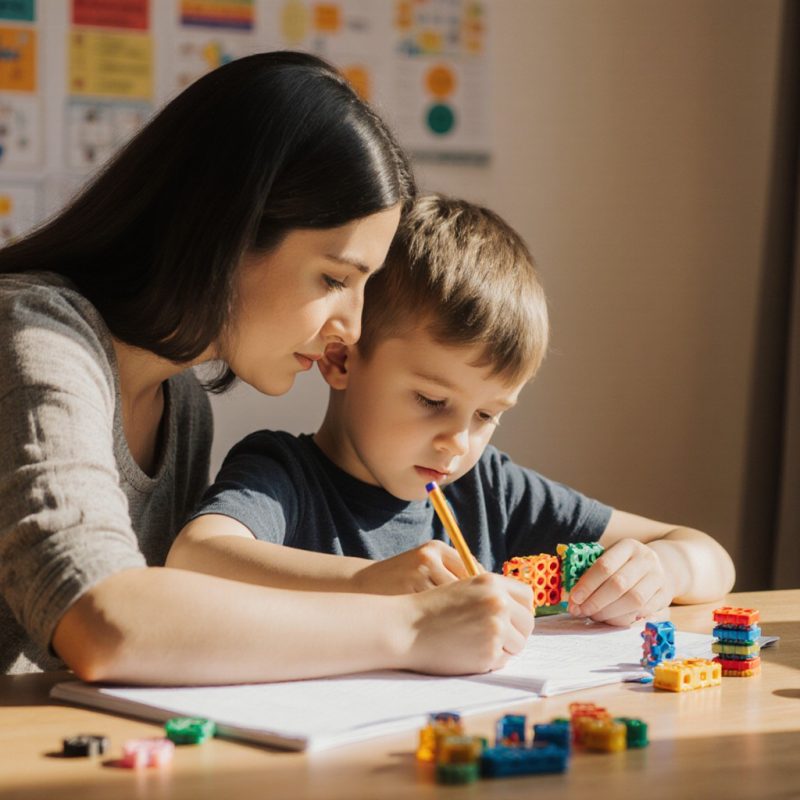TDAH enfant stratégies quotidiennes - maman et fils utilisent outils sensoriels pour les devoirs à la maison