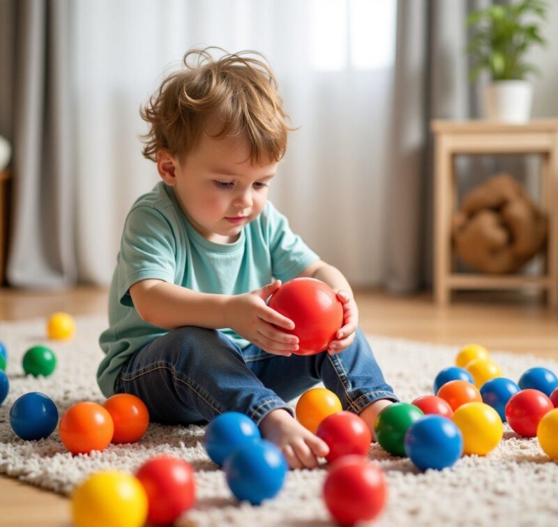 bébé ou enfant manipulant des balles sensorielles à picots pour l'éveil tactile, la motricité et l'apaisement des troubles sensoriels TSA TDAH.