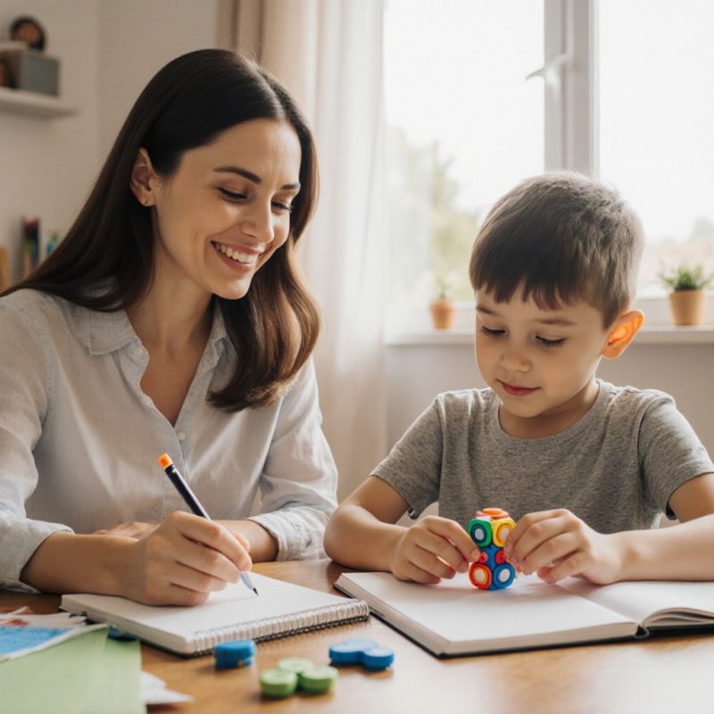 Maman bienveillante observant son enfant qui utilise naturellement un fidget coloré pendant ses devoirs, illustrant la méthode d'observation comportementale pour choisir le bon outil sensoriel