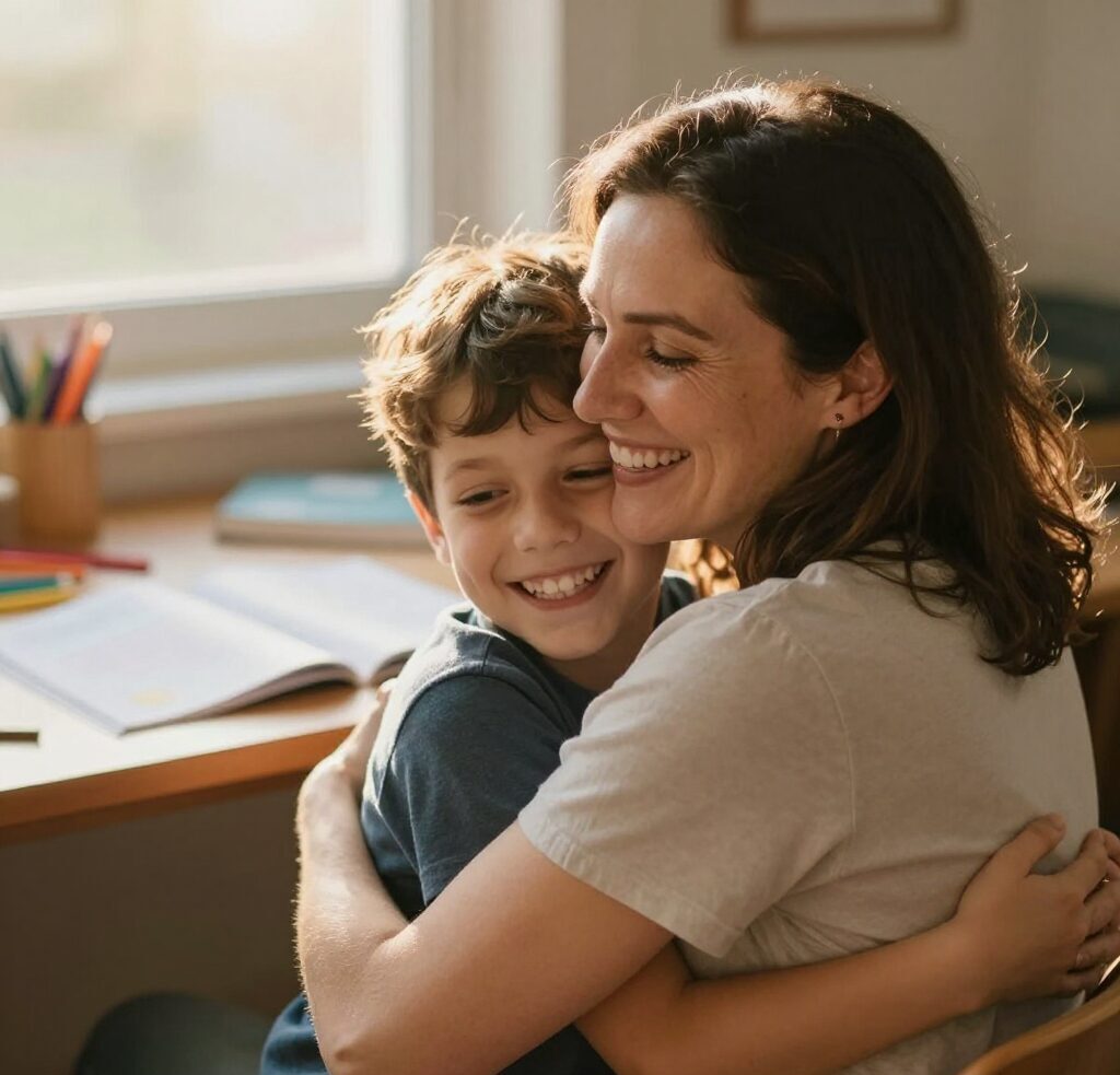 Parent et enfant TSA/TDAH installés pour les devoirs dans un environnement calme et structuré