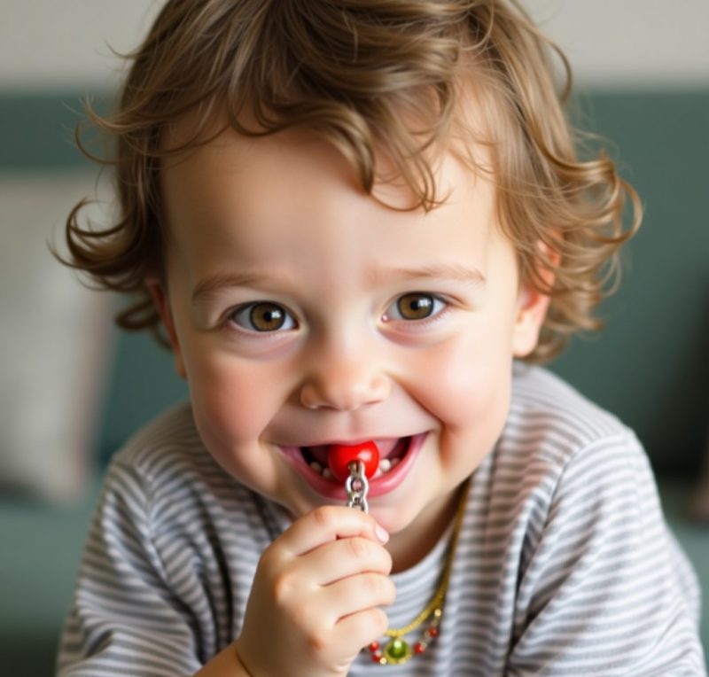 un enfant avec un collier a macher