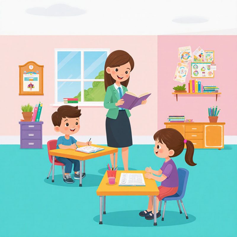 Illustration d’un enfant scolarisé en ULIS (Unité Localisée pour l’Inclusion Scolaire) bénéficiant d’un accompagnement personnalisé dans une école ordinaire, avec un enseignant spécialisé et un emploi du temps adapté, favorisant l’inclusion scolaire.