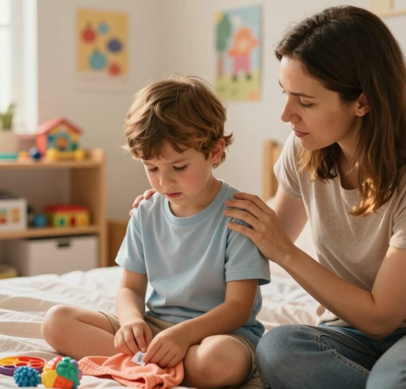 Mère réconfortant son enfant présentant des signes de troubles sensoriels - hypersensibilité tactile aux étiquettes de vêtements - accompagnement bienveillant
