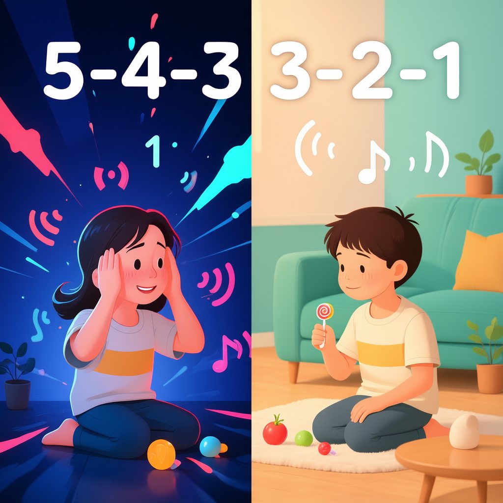 Illustration de la méthode 5-4-3-2-1 : maman et enfant pratiquant la technique d'ancrage sensoriel pour calmer une crise, avec éléments visuels représentant les 5 sens