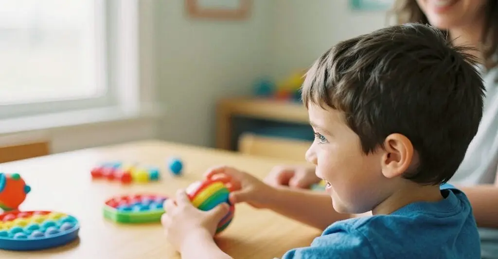 Enfant autiste souriant jouant avec des balles sensorielles colorées et des jouets adaptés sur une table en bois