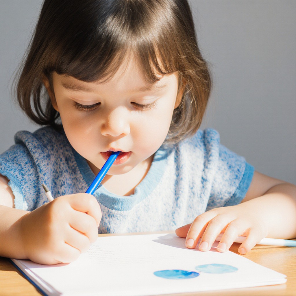 Enfant de 8 ans utilisant un bâton à mâcher thérapeutique bleu pendant ses devoirs pour améliorer sa concentration - Guide développement moteur oral LeoBelo