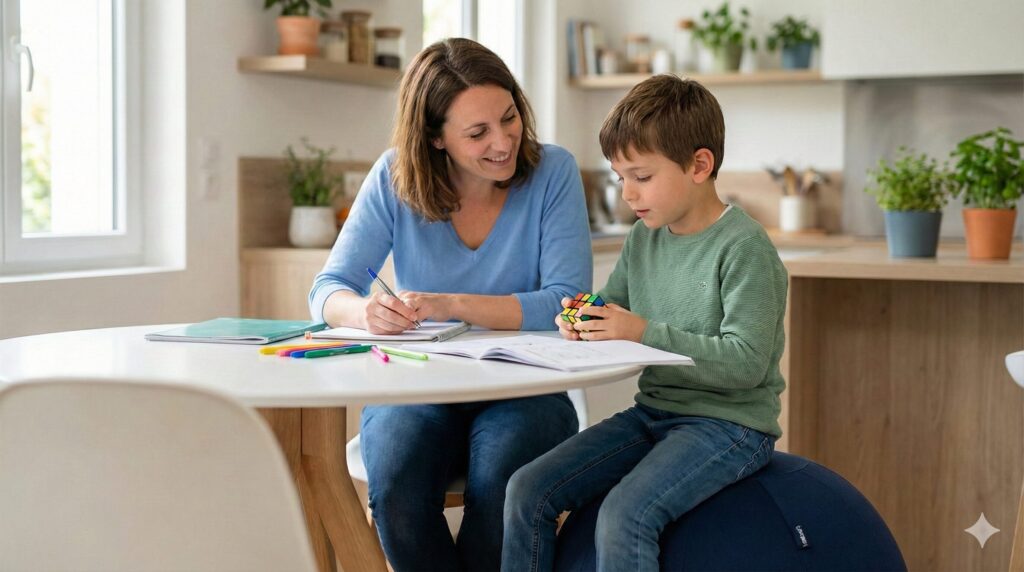 Maman avec enfant TDAH utilisant outils sensoriels discrets pour concentration à l'école