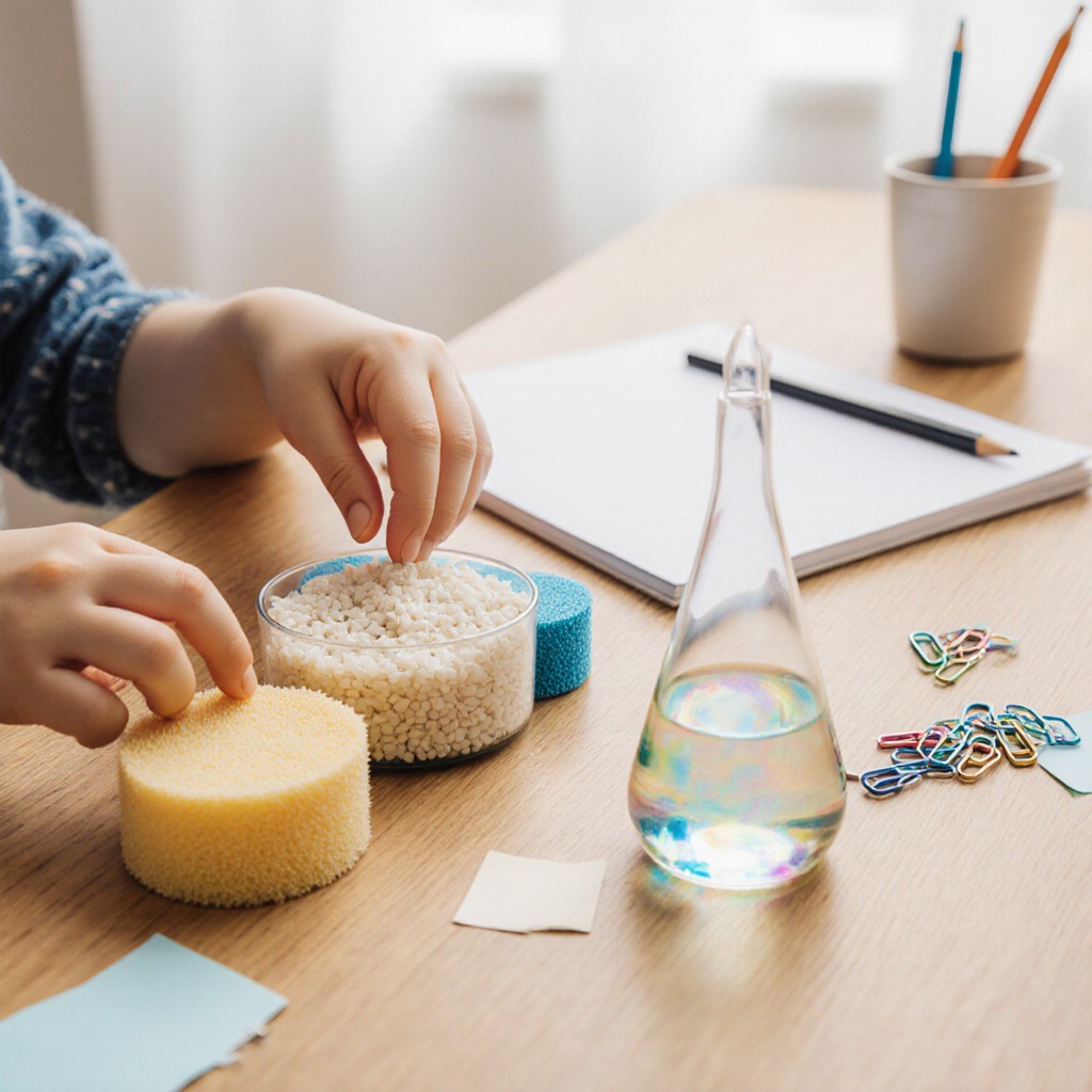 Mains d'enfant manipulant des objets sensoriels du quotidien (éponge, riz, pipette) sur une table pour développer la motricité fine avant un exercice d'écriture, avec cahier visible en arrière-plan