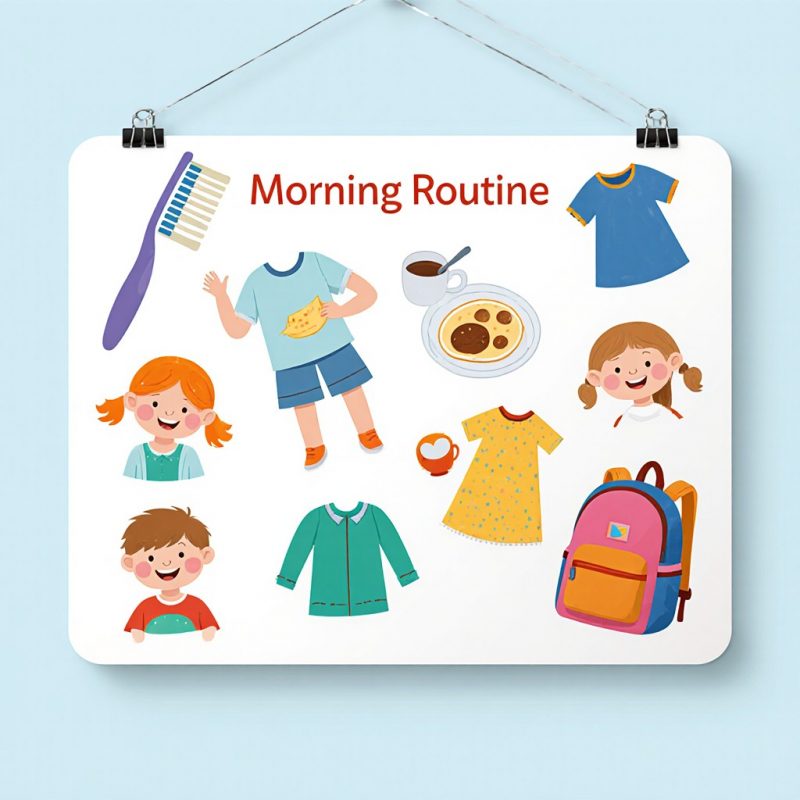 Tableau illustré d’une routine matinale pour enfant avec TDAH, comprenant pictogrammes colorés pour se brosser les dents, s’habiller, prendre le petit-déjeuner et préparer le sac, ambiance joyeuse et organisée