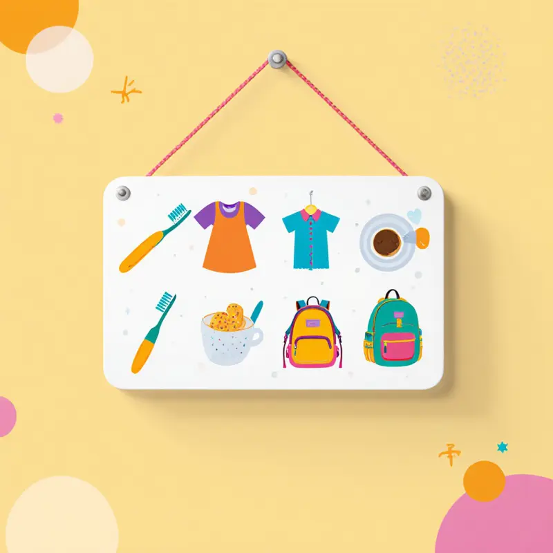 Parent aidant son enfant TDAH de 8 ans avec un tableau de routine visuelle magnétique coloré dans une cuisine lumineuse