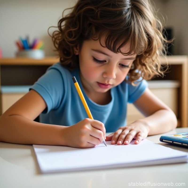 une fille avec des trouble DYS apprend a écrire sur une table de bureau