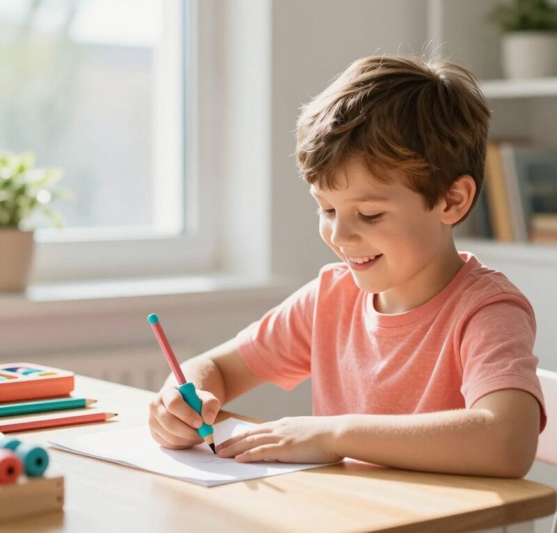 Enfant souriant de 8 ans utilisant un crayon avec guide ergonomique turquoise et corail pour faciliter l'écriture, assis à un bureau en bois près d'une fenêtre lumineuse, outils sensoriels visibles pour dysgraphie, ambiance chaleureuse et positive pendant les devoirs à la maison