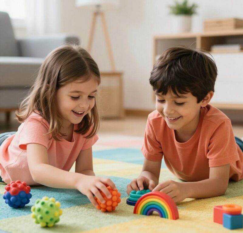 Deux enfants - un avec TSA et sa sœur - jouent ensemble avec des jeux sensoriels adaptés dans une atmosphère joyeuse et inclusive