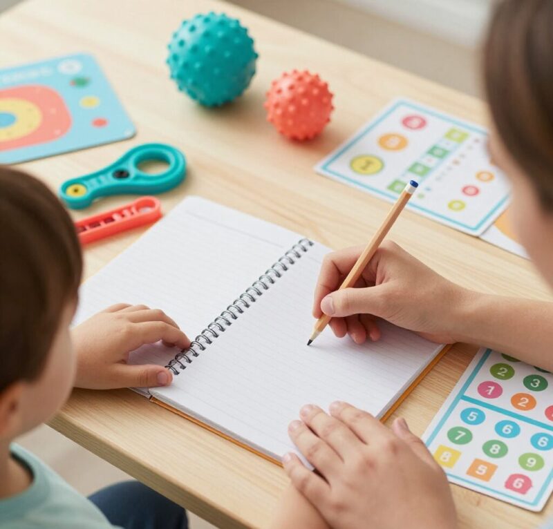 Mère aidant son enfant avec troubles DYS pendant les devoirs dans une ambiance bienveillante et apaisante avec outils éducatifs adaptés sur un bureau lumineux