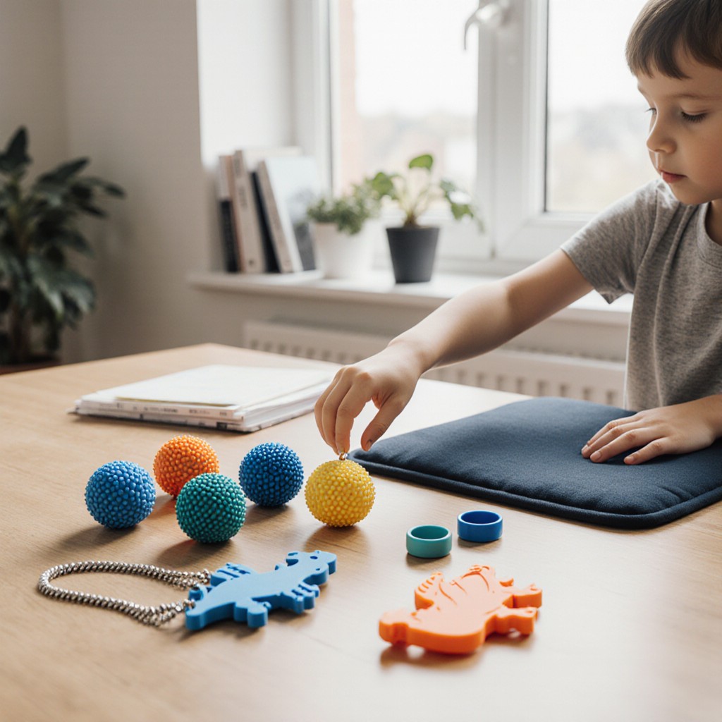 Enfants neuroatypiques jouant ensemble dans une classe inclusive avec outils sensoriels - fidgets, casques anti-bruit, balles texturées - guide LeoBelo 2025 pour parents