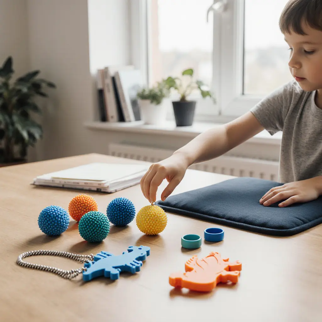 Enfants neuroatypiques jouant ensemble dans une classe inclusive avec outils sensoriels - fidgets, casques anti-bruit, balles texturées - guide LeoBelo 2025 pour parents