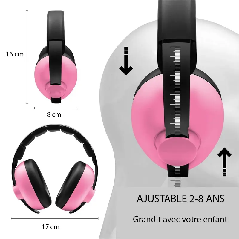 Casque anti-bruit avec réglage de taille, dimensions visibles : 16 cm, 8 cm, 17 cm.