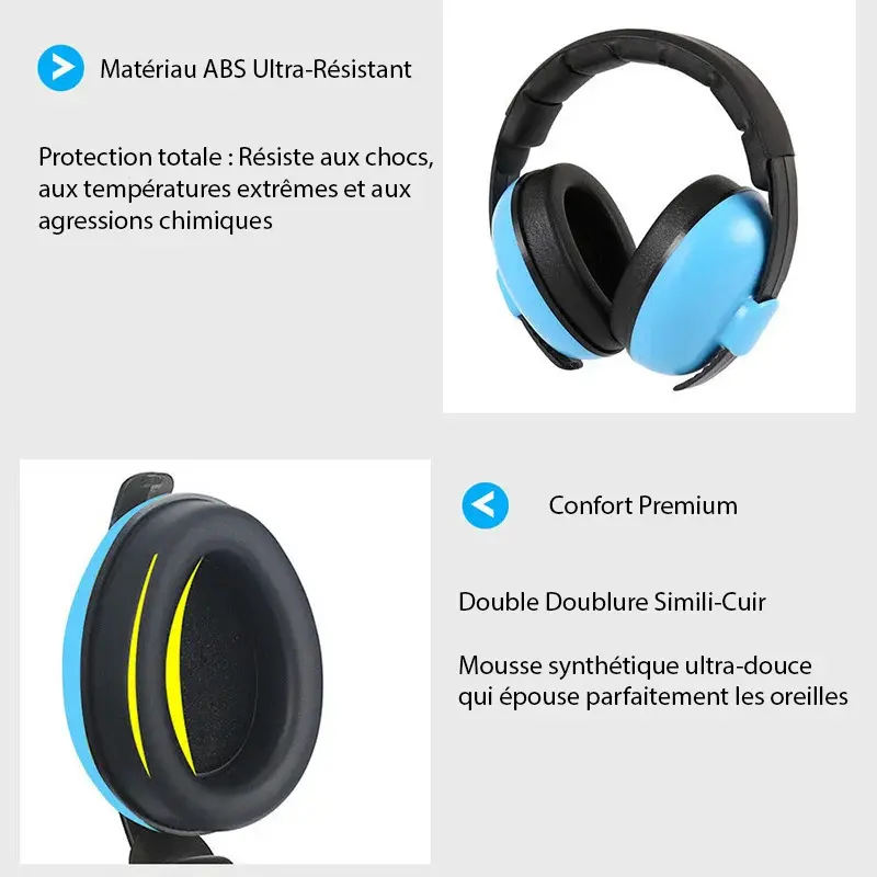 Casque audio avec coussinets ronds en simili-cuir et structure en plastique bleu.