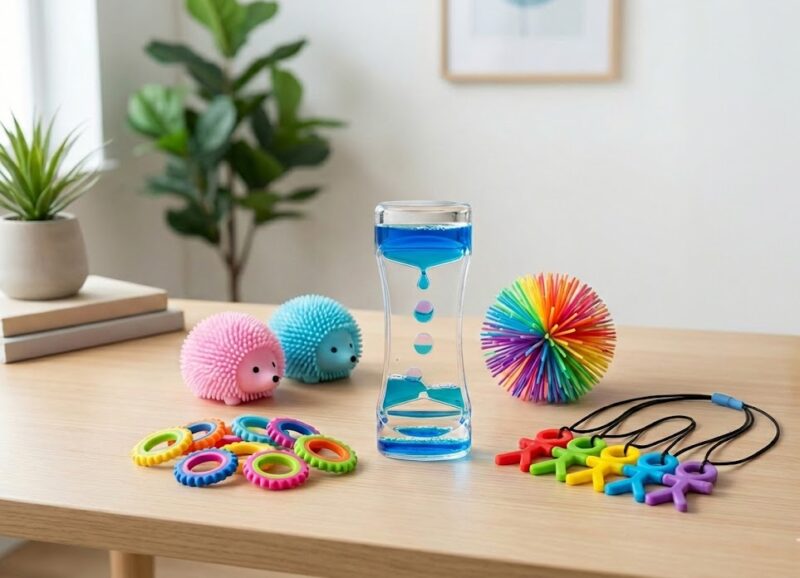Assortiment de fidget toys recommandés par les ergothérapeutes pour 2025 : sablier liquide bleu, balles sensorielles hérisson et arc-en-ciel, anneaux texturés et colliers de mastication posés sur une table.