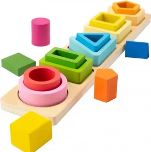 Jeu d'empilage Montessori en bois avec formes géométriques colorées pour développement motricité fine enfant 12-36 mois